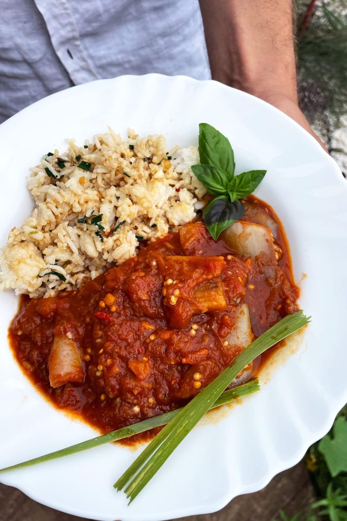 Aubergine in pittige tomatensaus met nasi goreng